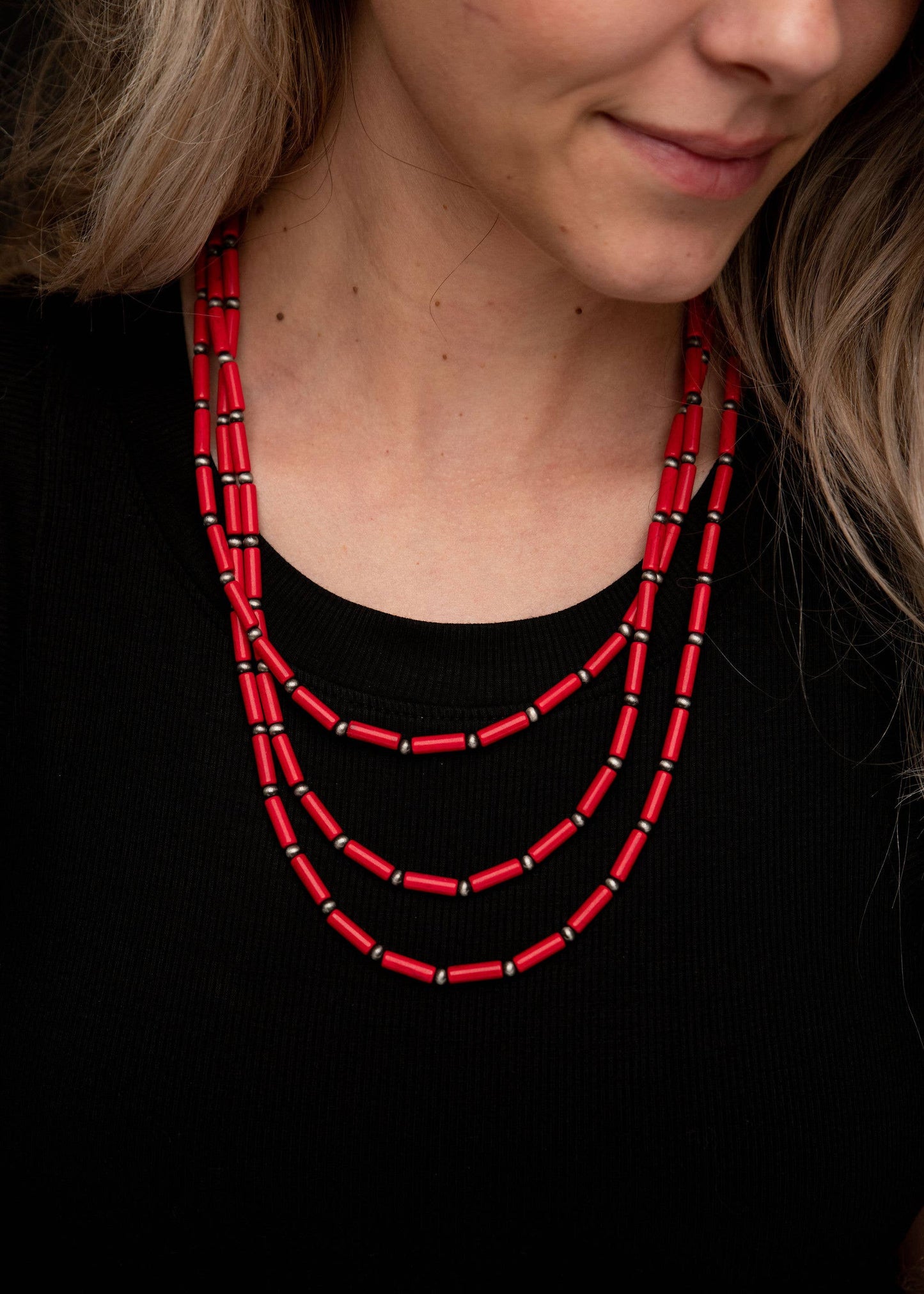 West & Co. - 18"",20"",22"" 3 Strand Red Tube Bead & Faux Navajo Necklace