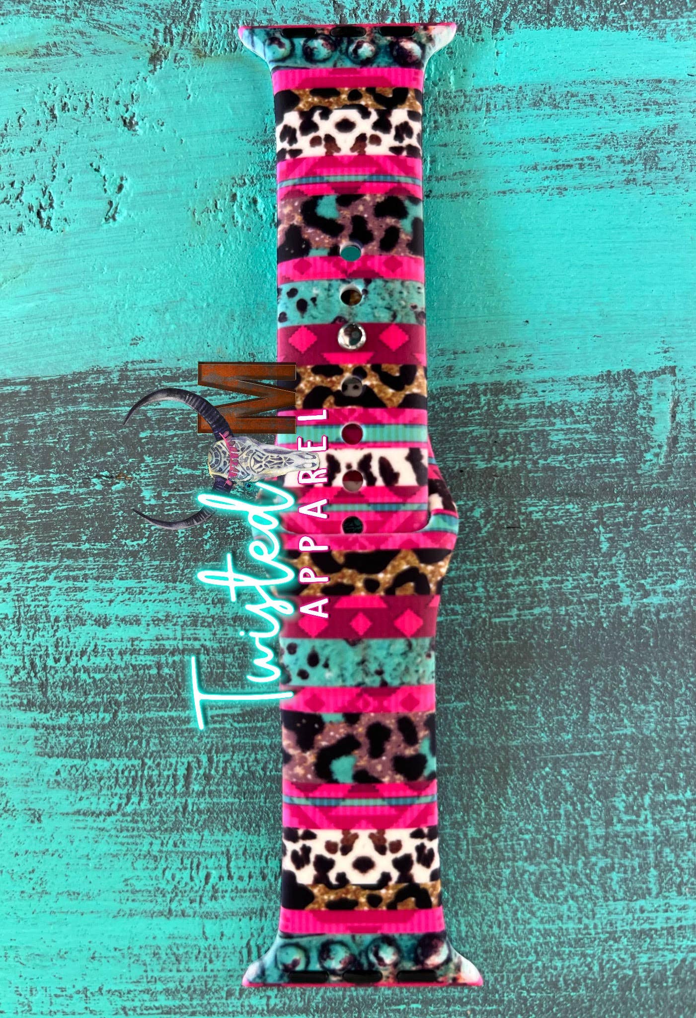 Twisted M, LLC - Watch Band 11-Pink Cow Turquoise Leopard
