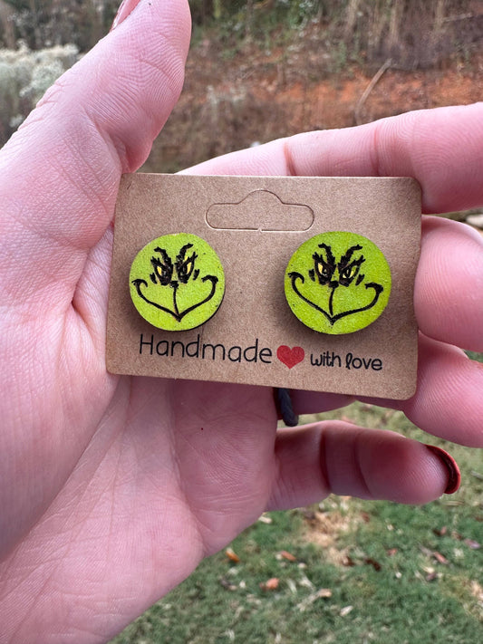 Hand Painted Christmas Thief Face Wood Stud Earrings