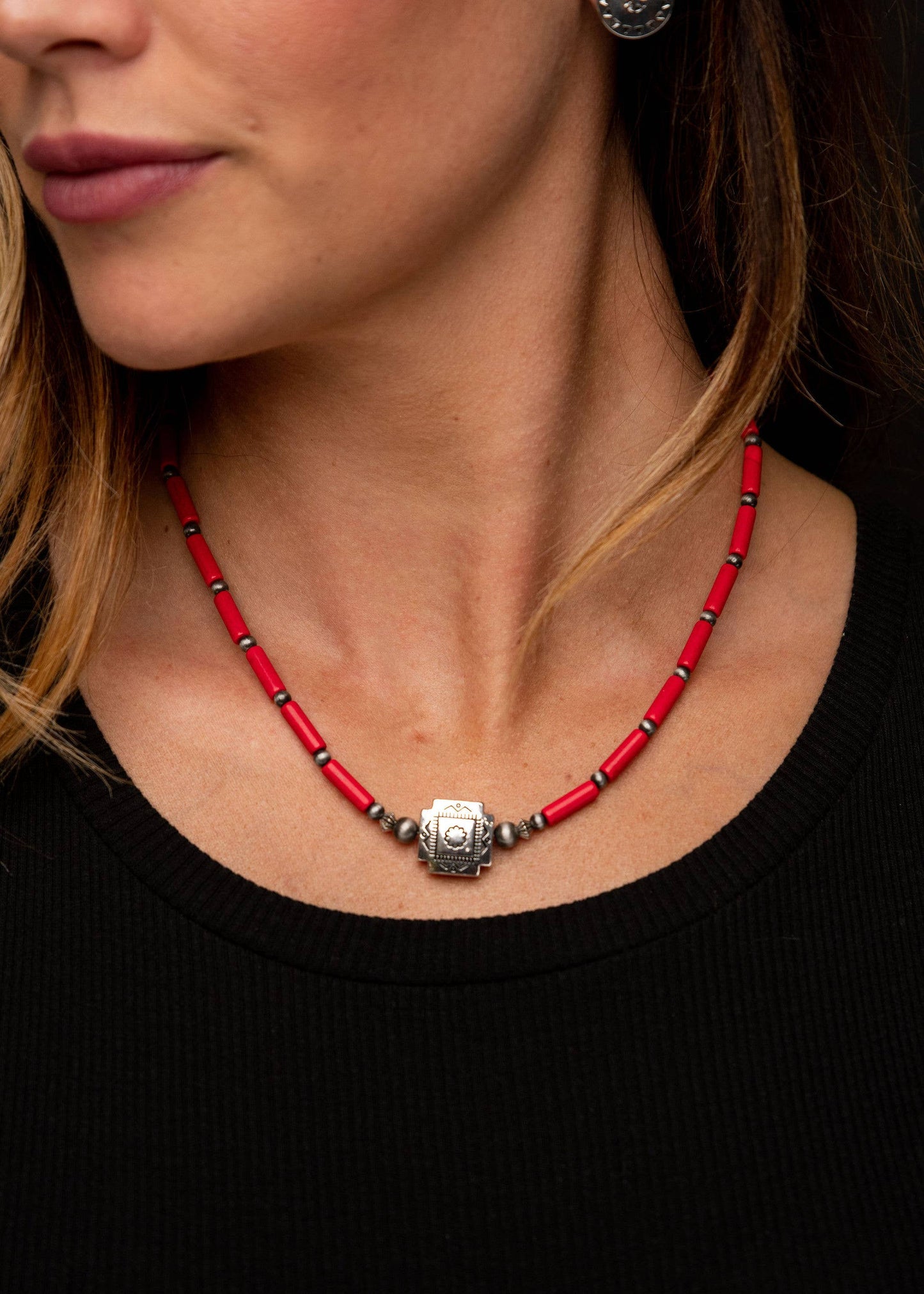 West & Co. - 16" Red Tube Bead Necklace with Southwestern Bead Accent