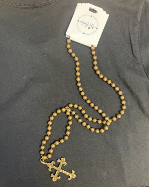 WEST & CO BRONZE BEADED LONG NECKLACE WITH VINTAGE CROSS