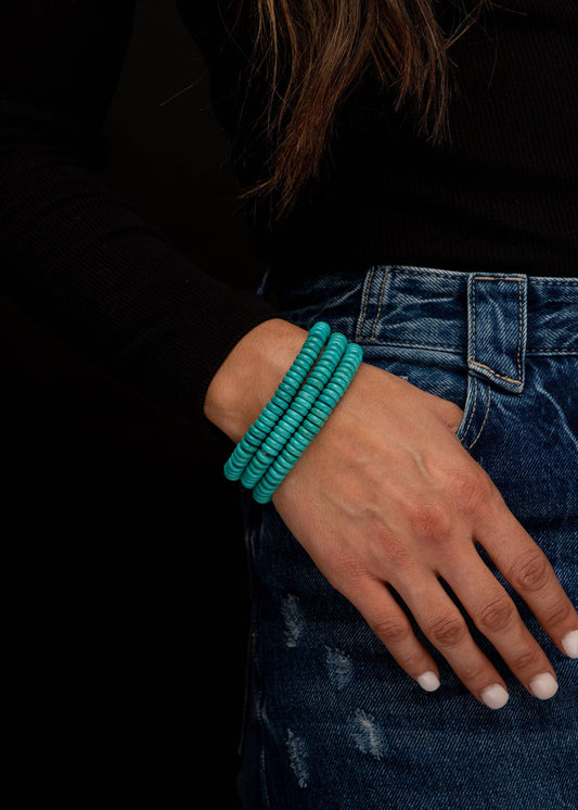 West & Co. - 3 Strand Turquoise Beaded Stretch Bracelet W/ Black Faux Lea