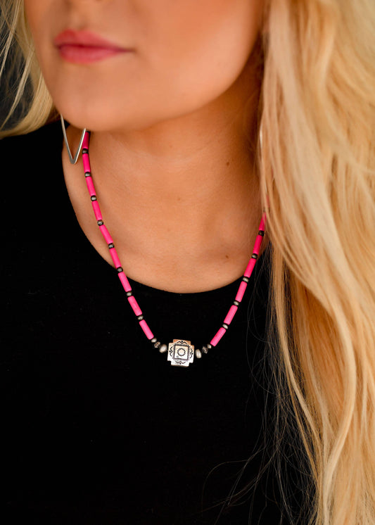 West & Co. - 16" Pink Tube Bead Necklace with Southwestern Bead Accent