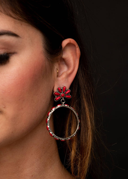 West & Co. - Red Dangle Hoop Earring on Flower Post