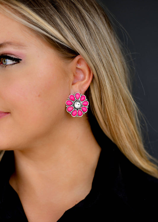 West & Co. - Burnished Silver Pink and Rhinestone Flower Stud Earring
