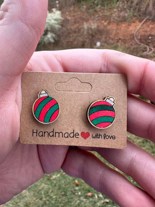 Hand Painted Christmas Ornament Wood Stud Earrings