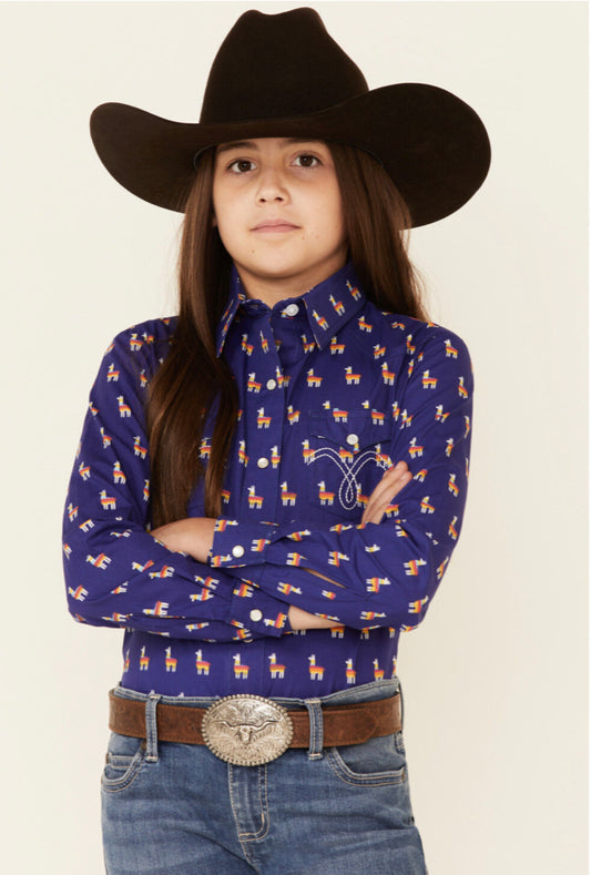 ROCK&ROLL DENIM GIRLS LONG SLEEVE LLAMA PEARL SNAP IN LIGHT NAVY PRINT