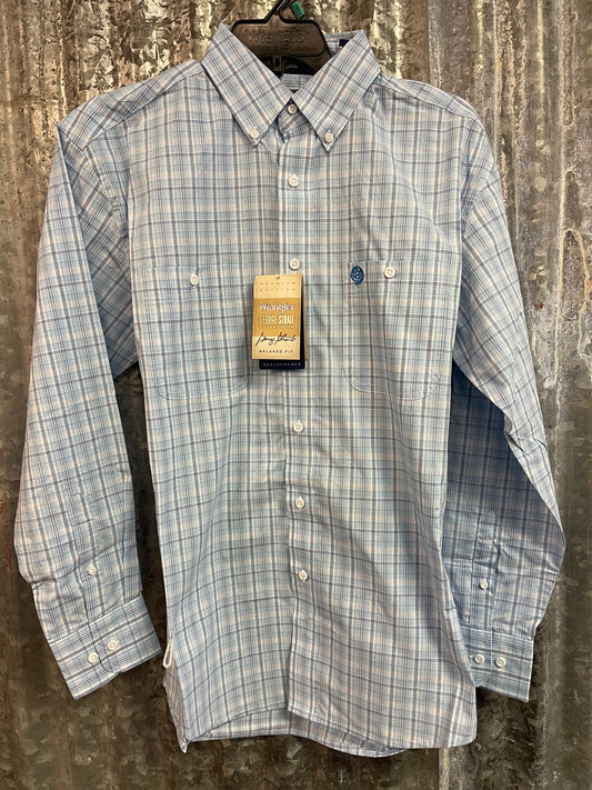 WRANGLER MENS GEORGE STRAIT COLLECTION BUTTON UP IN NAVY/LIGHT BLUE/WHITE PLAID
