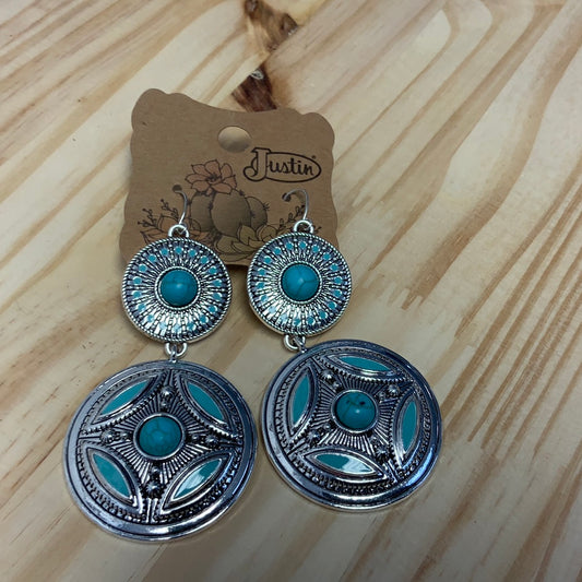 JUSTIN SILVER DISCS W/ TURQUOISE COLORED STONES EARRINGS