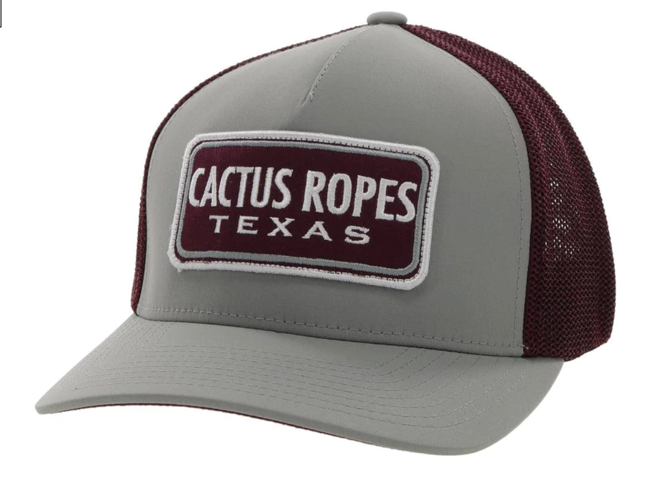 HOOEY “CR84” CACTUS ROPES GREY/WHITE 5 PANEL TRUCKER WITH TURQUOISE/WHITE RECTANGLE PATCH