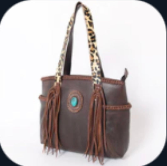 AMERICAN DARLING LEATHER BAG WITH LEOPARD HANDLE AND FRINGE