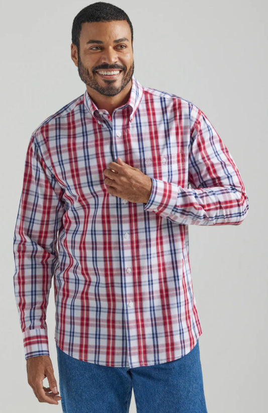 WRANGLER MENS RED, WHITE, AND BLUE PLAID BUTTON DOWN