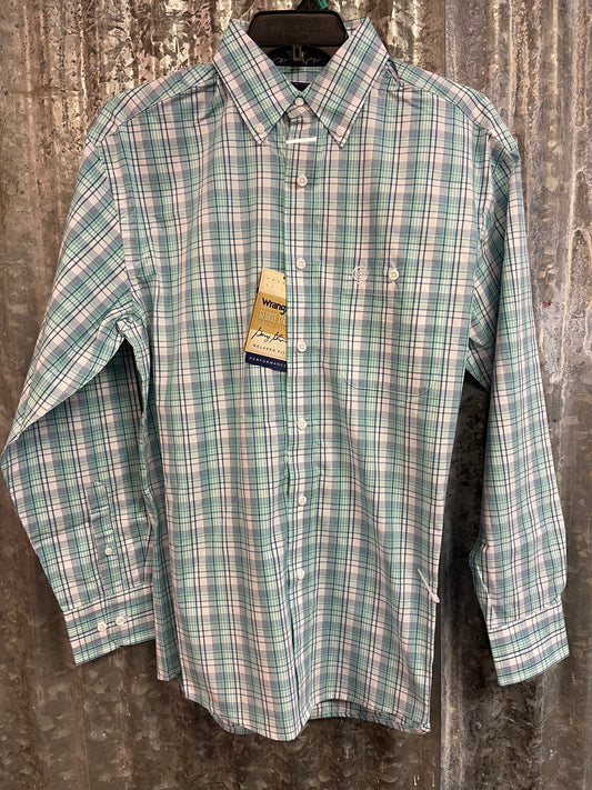 WRANGLER MENS GEORGE STRAIT COLLECTION BUTTON UP IN MINT/BLUE/WHITE PLAID