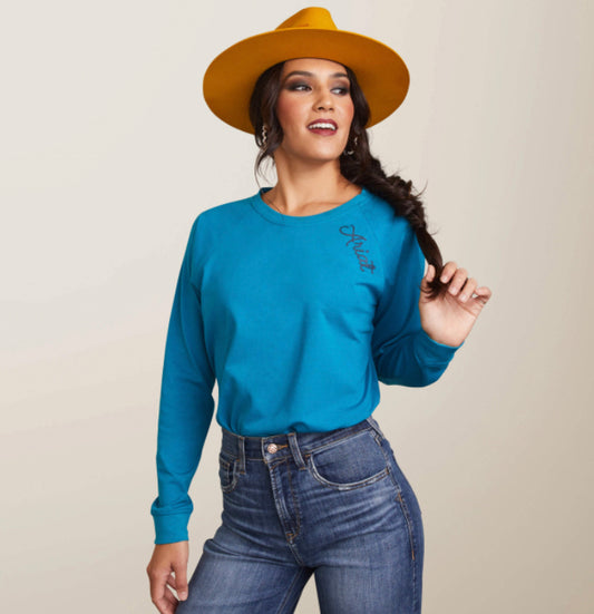 ARIAT WOMENS ROPEY SHIELD LONG SLEEVE TEE MOSAIC BLUE