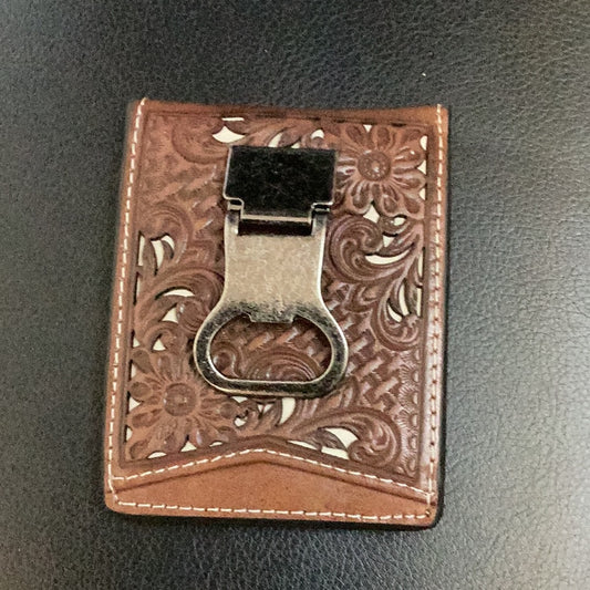 Money clip wallet white background with tooled leather