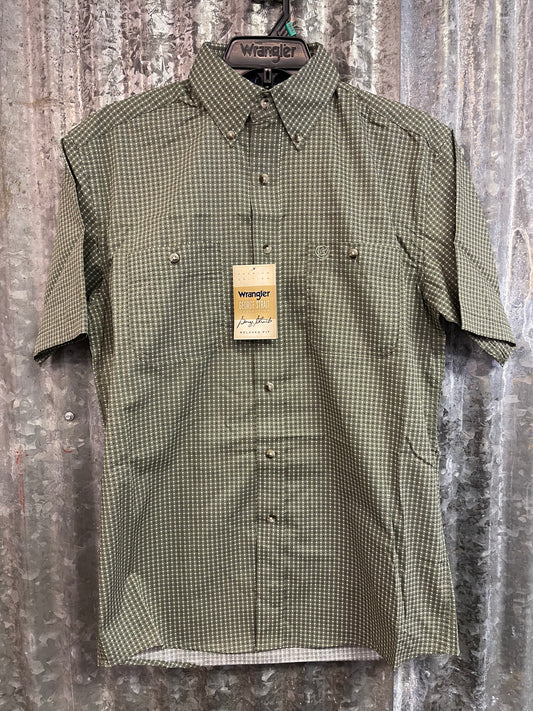 WRANGLER MENS SHORT SLEEVE OLIVE GREEN PRINT BUTTON UP