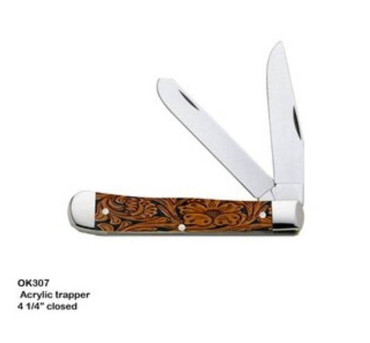 CIRCLE SH CUTLERY ACRYLIC TRAPPER TOOLED LEATHER LOOK KNIFE OK307