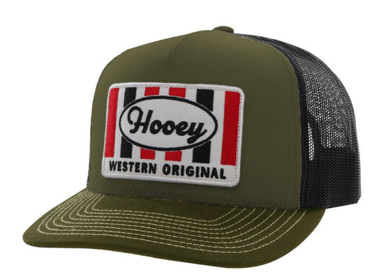 HOOEY “SUDAN” OLIVE/BLACK 5 PANEL TRUCKER WITH RED/BLACK/WHITE RECTANGLE PATCH