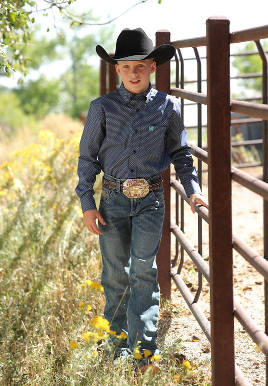 CINCH BOYS GEOMETRIC PRINT BUTTON DOWN WESTERN SHIRT BLUE