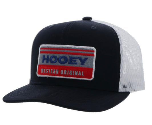 HOOEY “HORIZON” NAVY/WHITE 6 PANEL TRUCKER WITH RED/GREY/BLUE/WHITE RECTANGLE PATCH