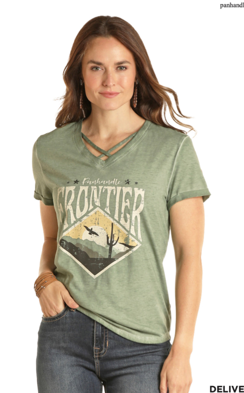 ROCK&ROLL DENIM LADIES STRAPPY NECK GRAPHIC TEE IN MOSS GREEN