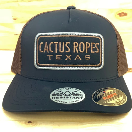 HOOEY “CR85” CACTUS ROPES BLACK/BROWN 5 PANEL FLEXFIT WITH BLACK/BROWN RECTANGLE PATCH