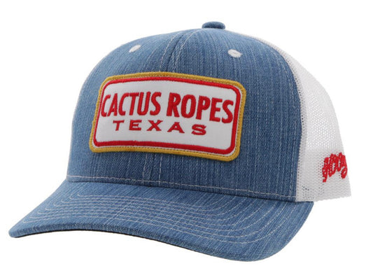 HOOEY “CR80” CACTUS ROPES DENIM/WHITE 6 PANEL TRUCKER WITH RED/WHITE RECTANGLE PATCH