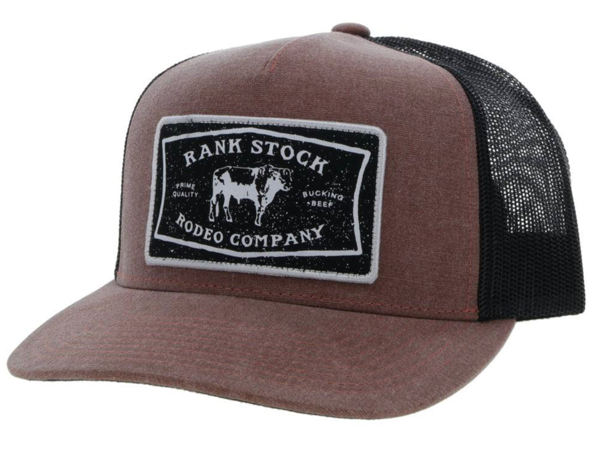 HOOEY “RANK STOCK” RUST/BLACK 5 PANEL TRUCKER WITH BLACK/WHITE RECTANGLE PATCH