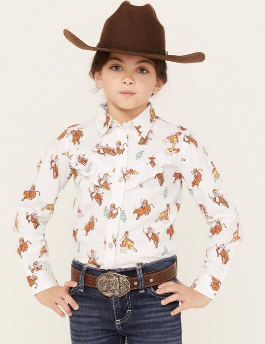 WRANGLER GIRLS BULL RIDING PEARL SNAP WITH RUFFLE