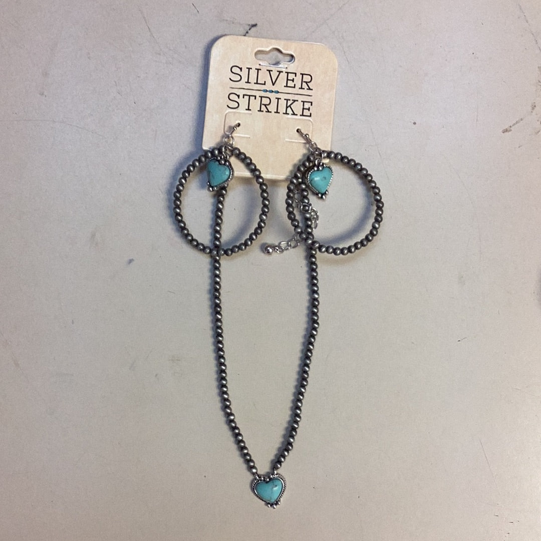 SILVE STRIKE SILVER TURQUOISE HEART BEAD NECKLACE AND EARRING SET